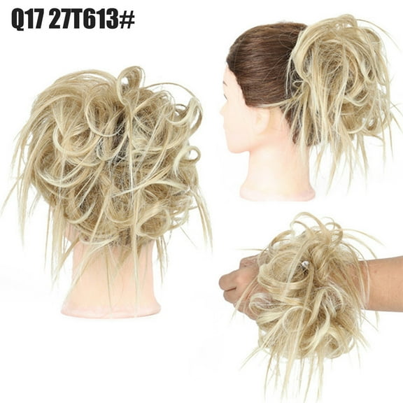 High Temperature Silk Synthetic Messy Hair Tie Elastic Band Bun Wig in Blonde and Brown Fiber for Natural