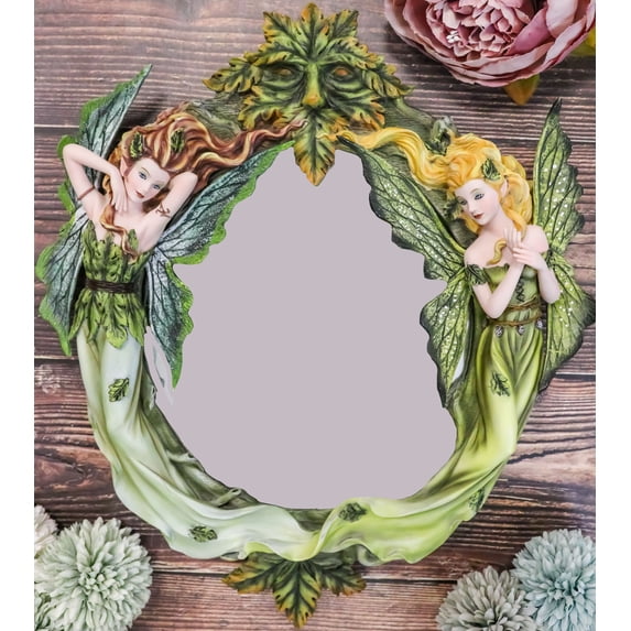 Blonde And Brunette Fairies In Enchanted Forest with Greenman Wall Mirror Decor