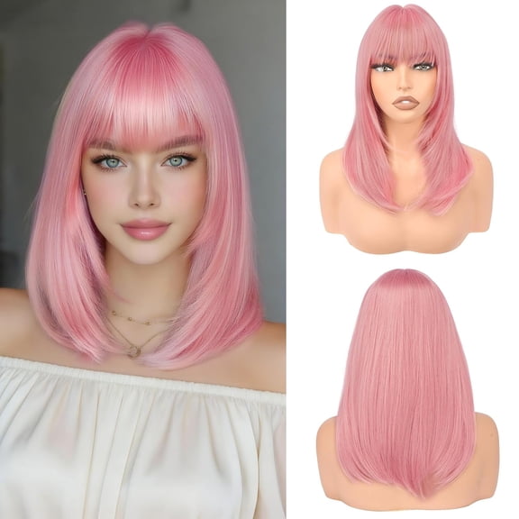 Blonde Bob Wigs with Bangs Shoulder Length Straight Natural Looking Synthetic Heat Resistant Medium Hair Wigs for Women Daily Party, 16 Inch Dirty Blonde