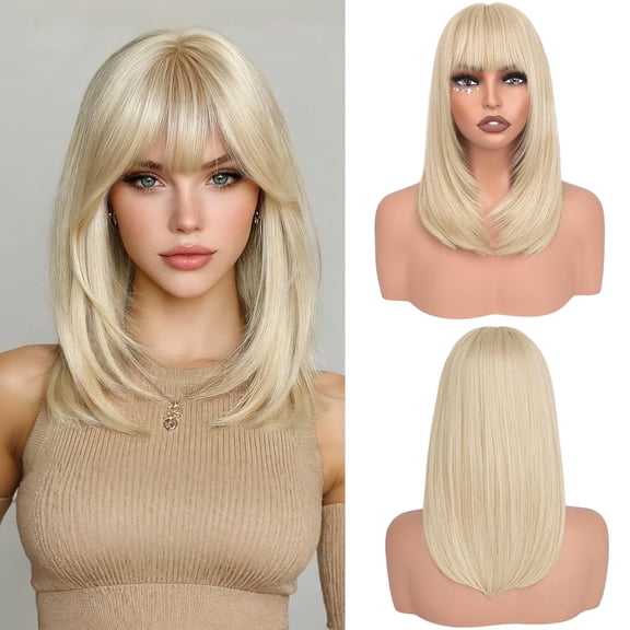 Blonde Bob Wigs with Bangs Shoulder Length Straight Natural Looking Synthetic Heat Resistant Medium Hair Wigs for Women Daily Party, 16 Inch Dirty Blonde