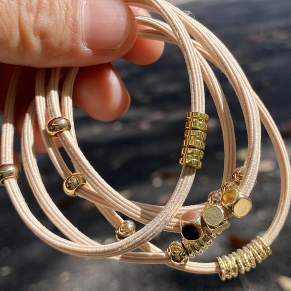 Blonde Boho Hair Ties Bracelet, Ponytail Holders with Gold Bead Jewelry, Elastic Hair Accessories for Thick, Thin, Curly Hair (Beige)