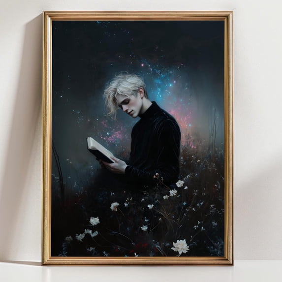 Blonde Boy Reading Wall Art Print, Dreamy Fantasy Portrait, Starry ...