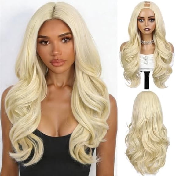 Blonde Curly U Part Wig Long Wavy V Part Wig Light Yaki for Black Women TALOS Layered Glueless Synthetic Half Wigs 22 Inch Full Clip in Hair