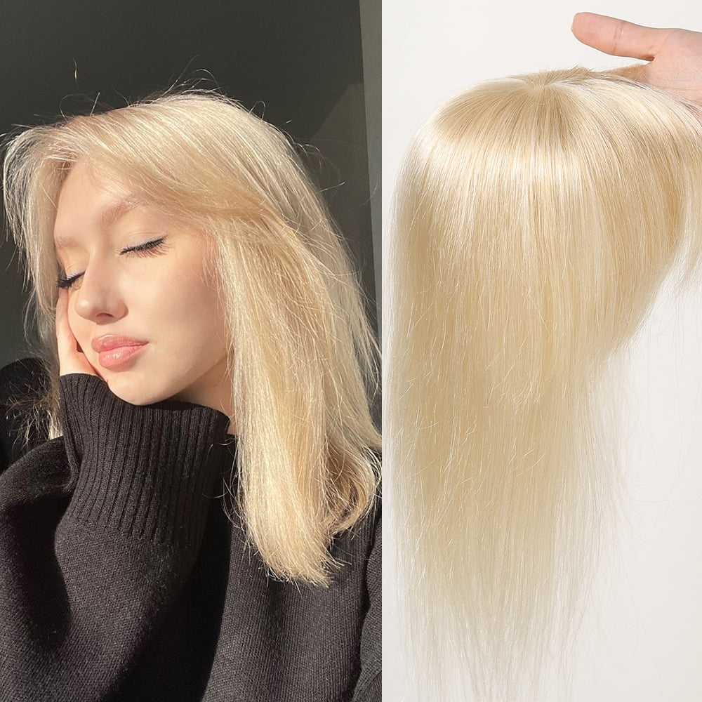 Blonde Human Hair Toppers with Bangs 12inches Straight Human  display picture 1