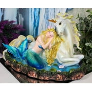 Blonde Mermaid Siren Princess Ariel With Rare White Unicorn In Lily Pond Statue