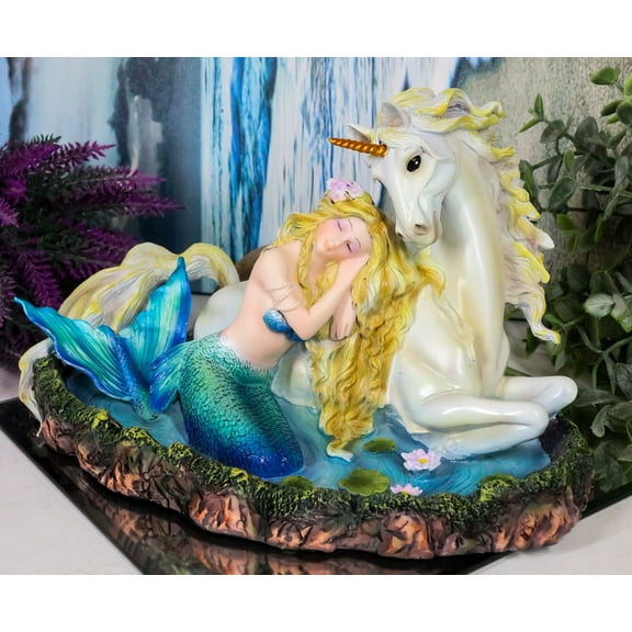 Blonde Mermaid Siren Princess Ariel With Rare White Unicorn In Lily Pond Statue