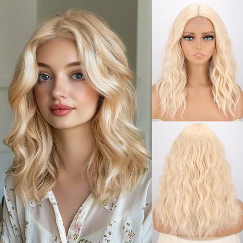 Blonde Short Wavy Wig for Women Medium Length Blond Wigs Synthetic   Looking Curly Blonde Hair for Everyday Hairstyle  Party Halloween Use