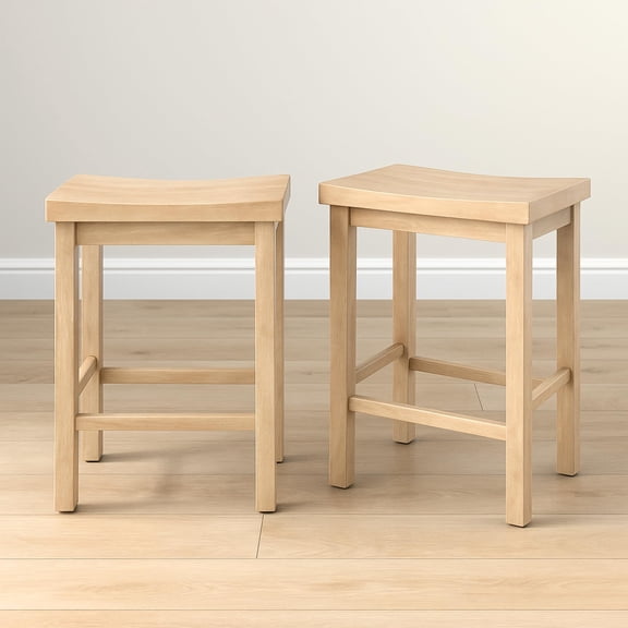 Blonde Solid Wood Bar Stools Set Of 2, 30 Inch Saddle-Seat Backless Bar Chairs With Footrest For Kitchen Islands And Counters