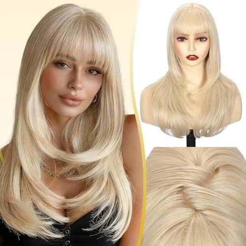 Blonde Straight Wig with Bangs 20 Inch Medium Length Layered Synthetic Wigs for Women, Realistic Scalp Looking Heat Resistant Wig for Daily Party Use