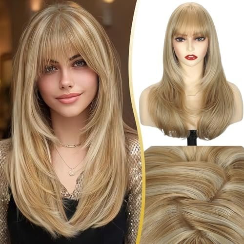 Blonde Straight Wig with Bangs 20 Inch MediumLength Layered Synthetic Wigs for Women, Realistic ScalpNatural Looking Heat Resistant Wig for Daily PartyCosplay Use