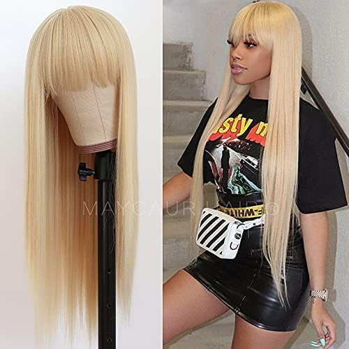 Blonde Synthetic Hair Wigs with Full Bangs #613 Color Long Straight Women's Wig Heat Resistant Synthetic No Lace Wigs for Fashion Women