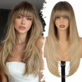 thumbnail image 1 of Blonde Wig with Bangs, Long Ombre Blonde Layered Wigs for Women, 4x4 Realistic Scalp with Free Parting, Realistic Heat Resistant Synthetic Wigs for Daily Party  Use 26Inch, 1 of 6