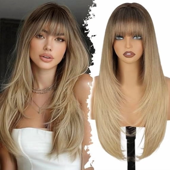 Blonde Wig with Bangs, Long Ombre Blonde Layered Wigs for Women, 4x4 Realistic Scalp with Free Parting, Realistic Heat Resistant Synthetic Wigs for Daily Party Use 26Inch