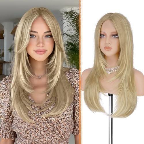 Blonde Wig with Curtain Bangs - Lace Front Hairline Middle Part Long Layered  Looking Straight Synthetic Hair Wigs for Women Daily Party, 24 Inch Dirty Blonde