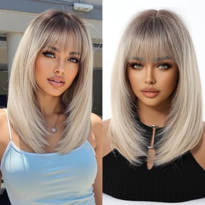 Blonde Wig with Bangs Short Bob Wigs 14Inch Platinum Blonde Wigs for Women Medium Length Ombre Brown Dark Roots Wig for Daily Use