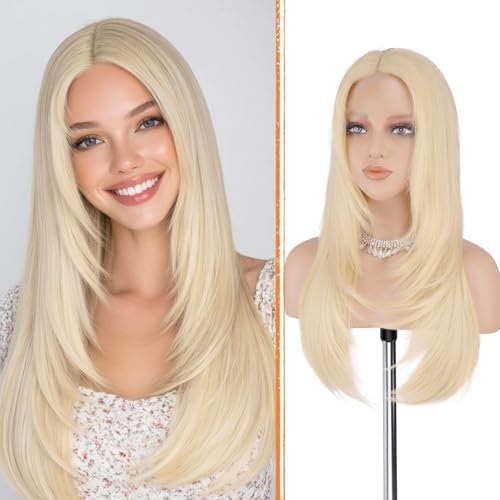 Blonde Wig with Curtain Bangs - Lace Front Hairline Middle Part Long Layered Looking Straight Synthetic Hair Wigs for Women Daily Party, 24 Inch