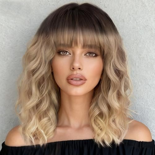 Blonde Wigs with Bangs Short Ombre Blonde Wavy Bob Wigs for Women Looking Heat Resistant Synthetic Wigs for Daily Party Use 14 Inch
