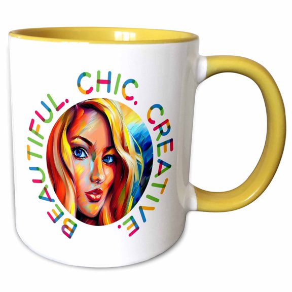 3drose, Blonde Woman - Beautiful. Chic. Creative. Awesome Inspirational Gift, 11oz Two-tone Yellow Mug