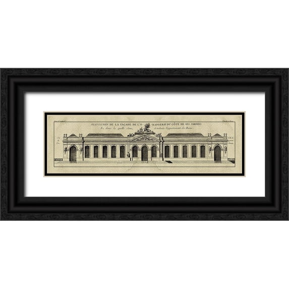 Blondel, J.F. 32x12 Black Ornate Wood Framed with Double Matting Museum Art Print Titled - Crackled B and W Palace Facade III