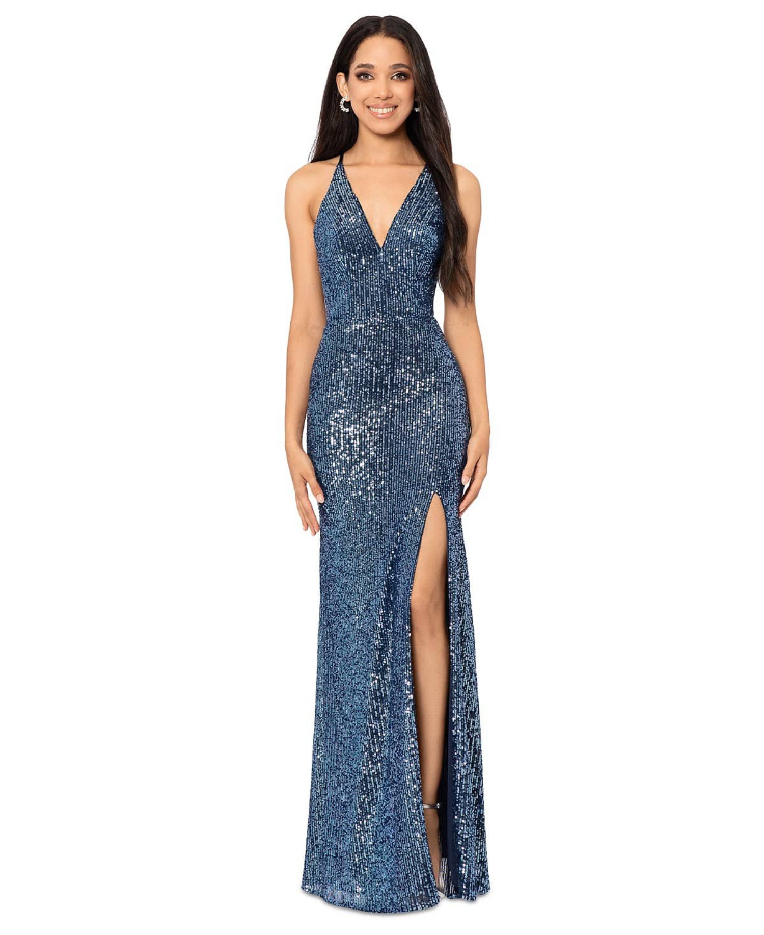 Blondie Nights Juniors Blue High-Slit Sequined Evening Gown Dress Size 9 -  Walmart.com