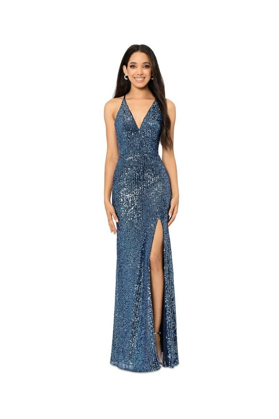 Blondie Nights Juniors Blue High-Slit Sequined Evening Gown Dress Size 9