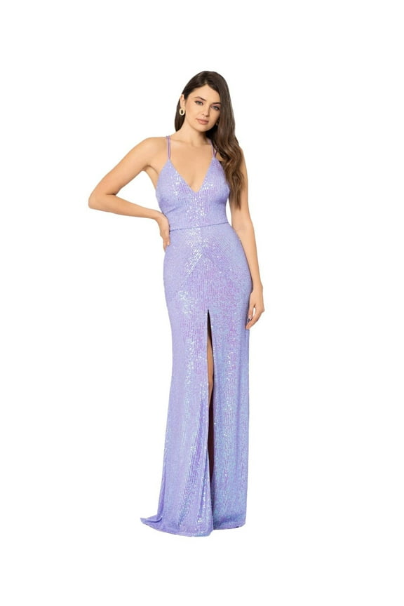 Blondie Nights Juniors Purple Long Sequin Strappy Gown Dress
