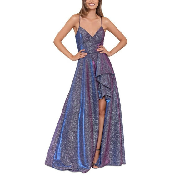 Blondie Nites Juniors Purple Metallic-Threaded Ball Gown Dress