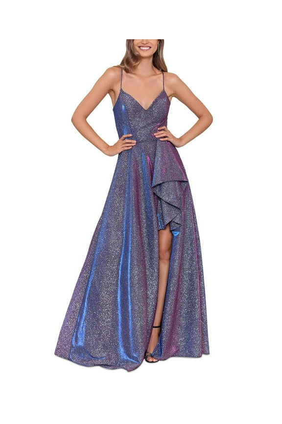 Juniors Purple Metallic-Threaded Ball Gown Dress