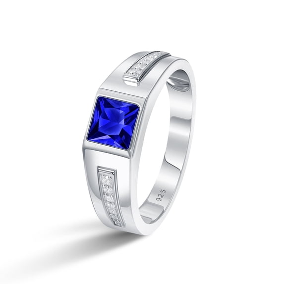 Blongme Jewelry Trend Men Engagement Rings 925 Sterling Silver 6*6mm 1.25 CT Princess Cut Blue Synthetic Spinel Eternity Wedding Band for Him Ring Size 13