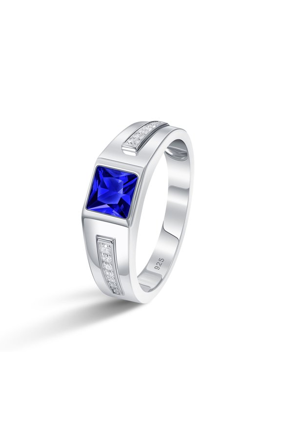 Jewelry Trend Men Engagement Rings 925 Sterling Silver 6*6mm 1.25 CT Princess Cut Blue Synthetic Spinel Eternity Wedding Band for Him Ring Size 9