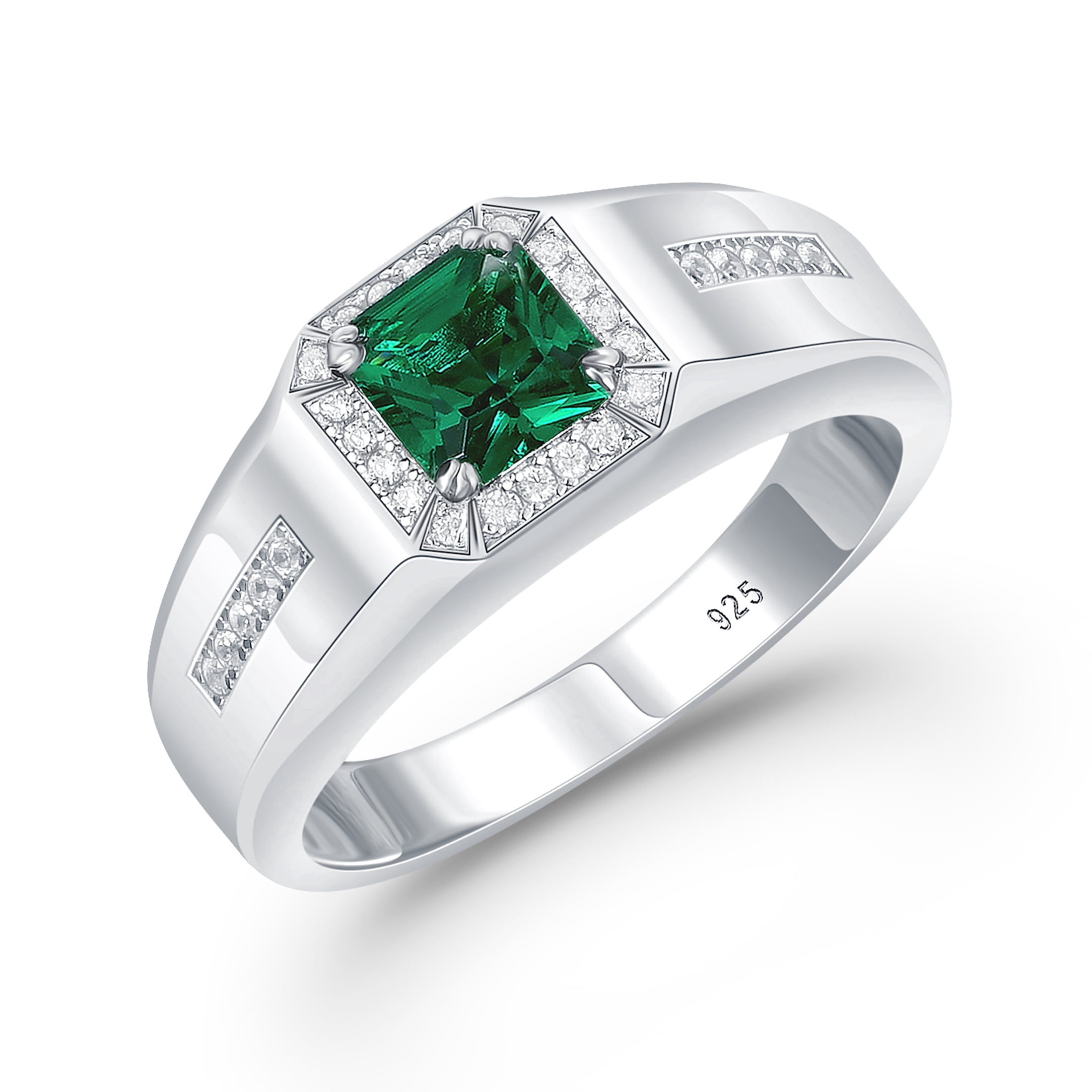 Blongme Jewelry Trendy Men Engagement Rings 925 Sterling Silver 6*6mm 1.25 CT Princess Cut Green Cubic Zirconia Wedding Band for Him Ring Size 8.5