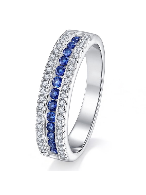 Wedding Bands for Women 1.0ct Blue Sapphire September Birthstone Eternity Rings Round White Cubic Zirconia Size 7