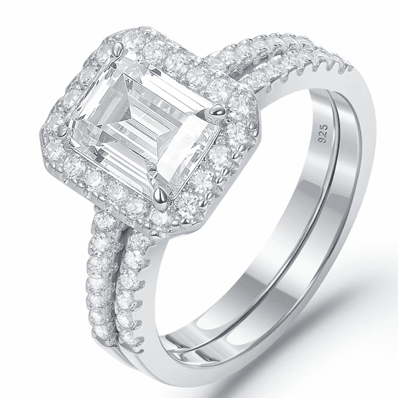 Blongme Jewelry Wedding Rings for Women 925 Sterling Silver Emerald Cut 3.0ct AAAAA Cubic Zirconia Engagement Ring Enhancer Band Bridal Set Size 6
