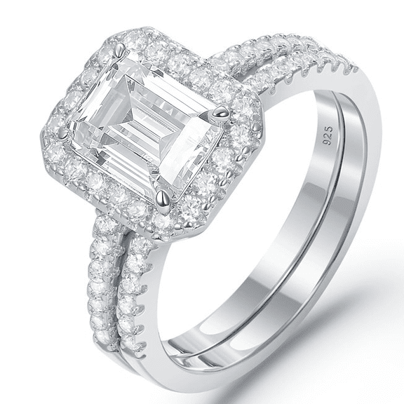 Blongme Jewelry Wedding Rings for Women 925 Sterling Silver Emerald Cut 3.0ct AAAAA Cubic Zirconia Engagement Ring Enhancer Band Bridal Set Size 9