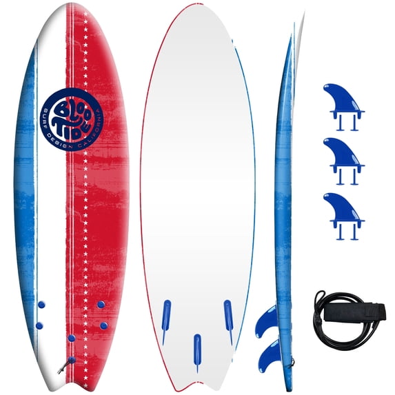 Bloo Tide 6 Ft Soft Top Surfboard, Swallow Tail, Teens and Adults, Americana Graphic top Deck with high Density Slick Bottom | Red and Blue Color | Leash and Fin Set In