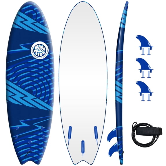Bloo Tide 6 Ft Soft Top Surfboard, Swallow Tail, Teens and Adults, Graphic top Deck with high Density Slick Bottom, Blue Color, Leash and Fin Set In