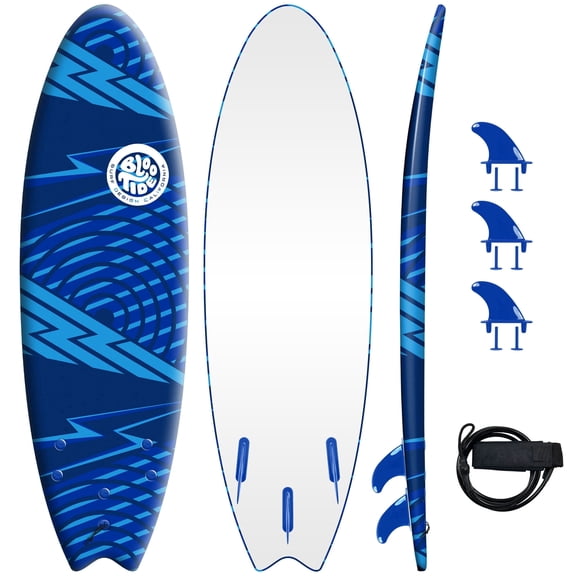 Bloo Tide 6 Ft Soft Top Surfboard, Swallow Tail, Teens and Adults, Graphic top Deck with high Density Slick Bottom, Blue Color, Leash and Fin Set In