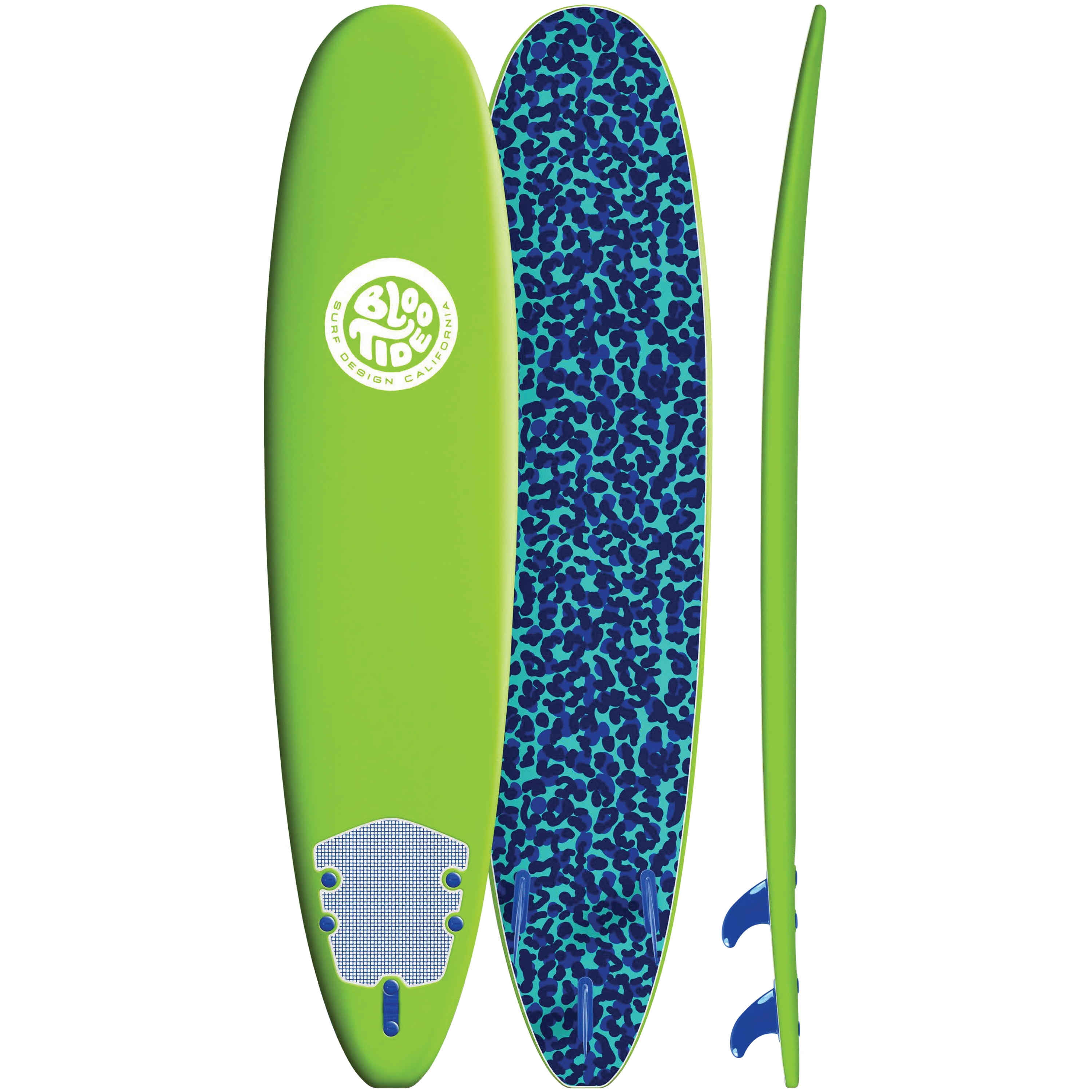 Bloo Tide 8 Blue Green Soft Top Surfboard Fins Leash