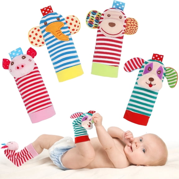 Bloobloomax Newborn Gifts Toys Baby Rattle Socks, Soft Fabric Foot Finder with Bells, 4 Piece Count