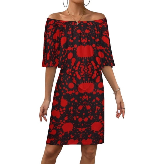 Blood Black And Red Horror Women's Off The Shoulder Ruffles Summer Wedding Guest Loose Casual Party Beach Dress