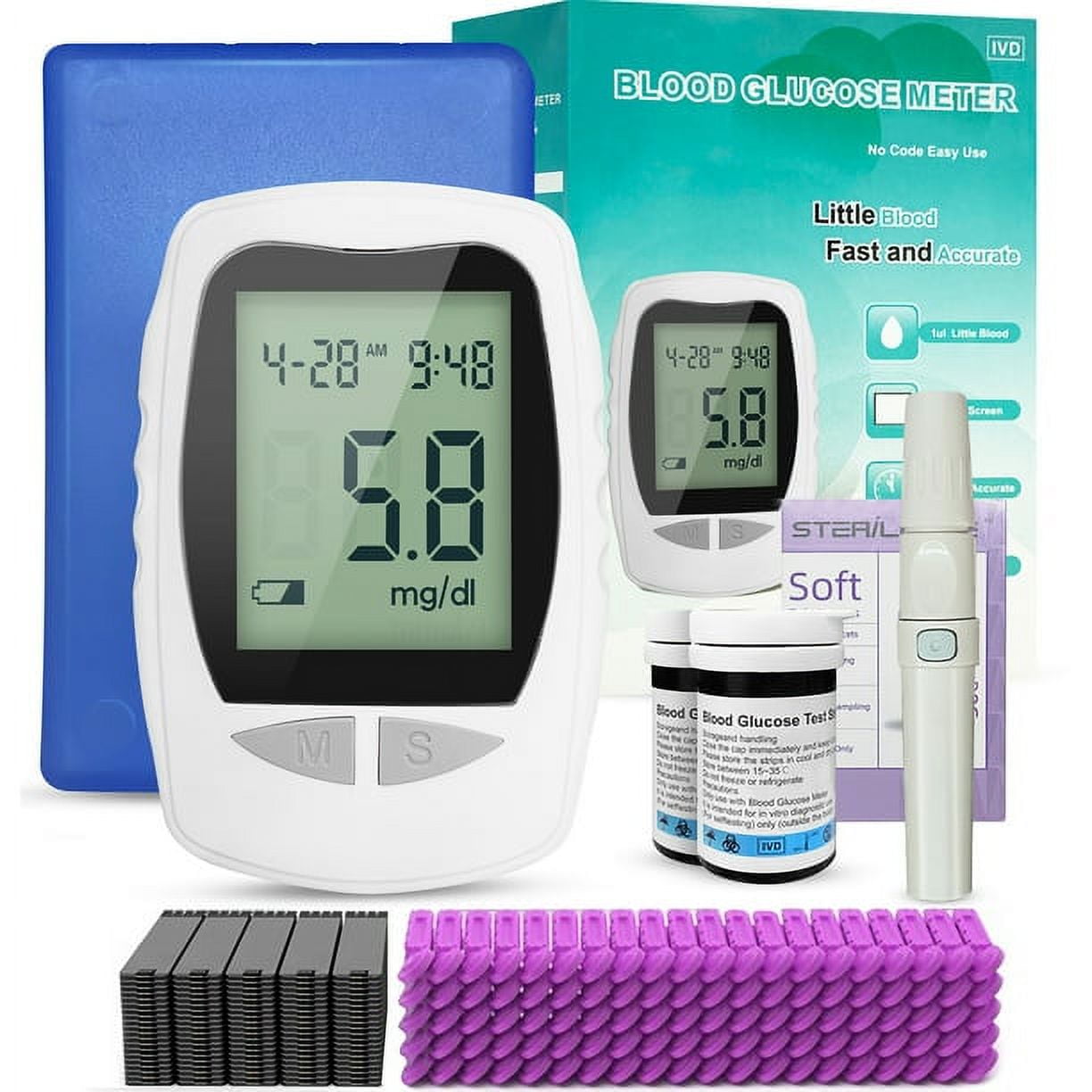 Blood Glucose Monitor Kit, Fora Diabetes Testing Kit, Blood Sugar Test Kit  Blood Pressure Monitor with 450 Test Results, Monitor, Record Card, 50