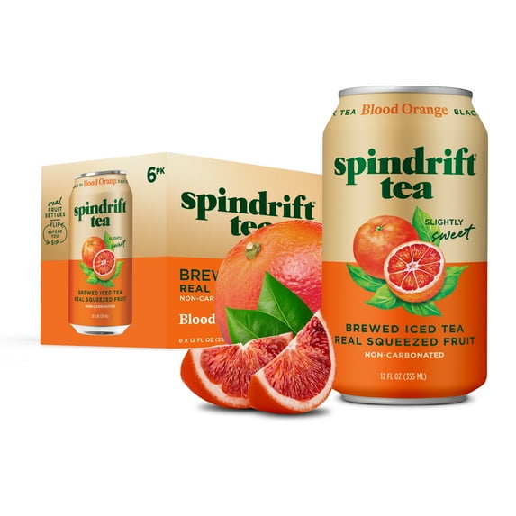 Spindrift Blood Orange Iced Tea - Low Calorie, Real Brewed Black Tea with Blood Orange, Caffeinated, No Artificial Sweeteners, 6 pack, 12 fl oz Cans