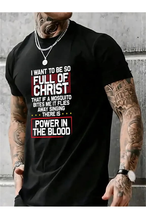 Blood in the Power - Religious Theme Humorous Men's Short Sleeve Pattern Shirt Black Men's Casual Short Sleeve Printed Shirt Suitable for Warm Weather - Breathable