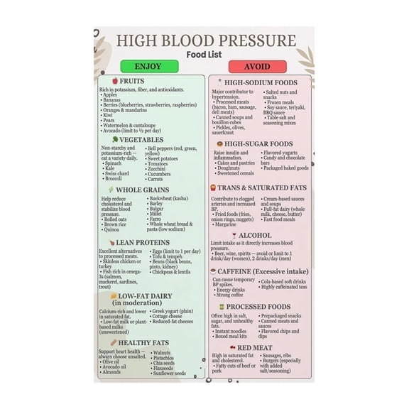 Blood Pressure Control Food Chart Heart Healthy Eating Guide Informational Poster for Cardiac Diet Kitchen Clinic and Gym Decor