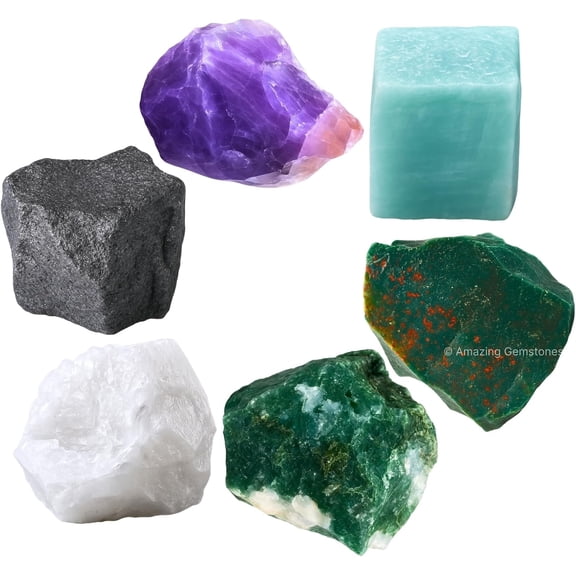 Blood Pressure Control, Set of 6 Blood Stone, Hematite, Moss Agate, Amazonite, Snow Quartz and Amethyst Healing Crystals and Stones
