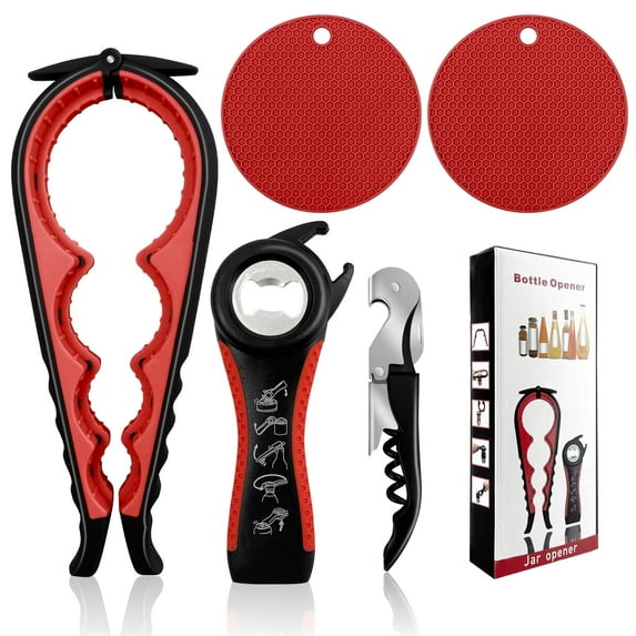 Jar Opener for Weak Hands, Seniors with Arthritis, 5 in 1 Multi Function Bottle Opener Lid Opener For Arthritic Hands with Non Slip Rubber Jar opener Gripper Pad,Red