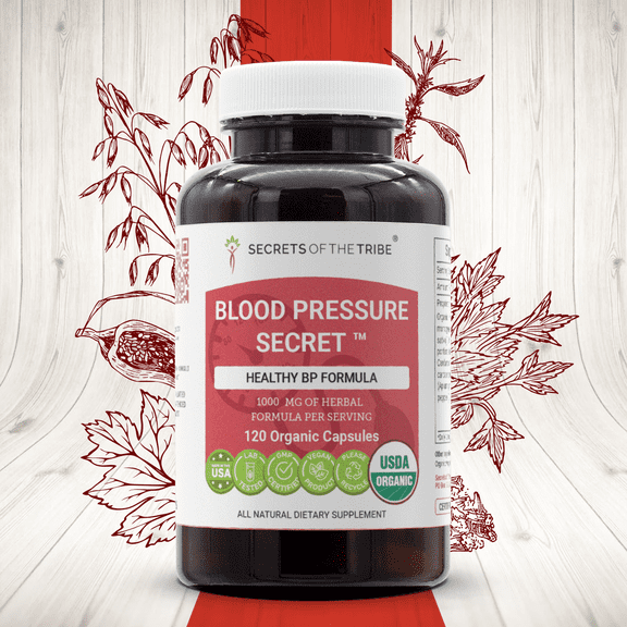 Secrets of the Tribe Blood Pressure Secret Organic Capsules Dietary Supplement, Natural Herb Blend, Made from Hawthorn, Celery, Cardamom, Motherwort, Oats Straw, Cayenne 120 Count