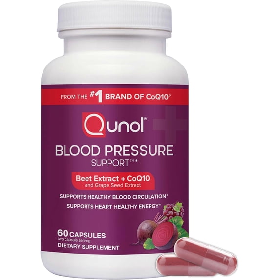 Qunol Blood Pressure Support, 3 in 1 Beets + CoQ10 + Grape Seed Extract, Beet Root Capsules that Supports Healthy Blood Circulation & Heart Healthy Energy, 60 Count