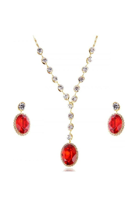 Blood Red Ruby Clear Crystal Rhinestone Earring Necklace Jewelry Set