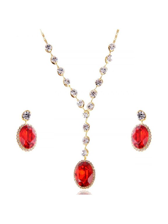 Blood Red Ruby Clear Crystal Rhinestone Earring Necklace Jewelry Set